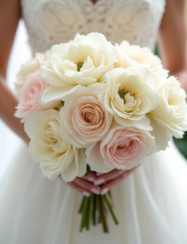 Bouquet de mariée romantique avec des roses et des pivoines.