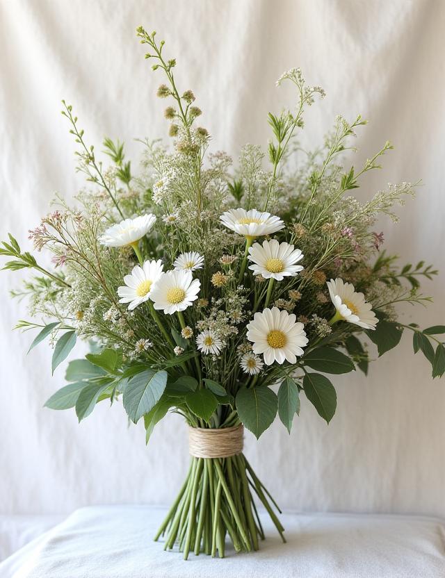 Bouquet de style champêtre avec des fleurs sauvages.