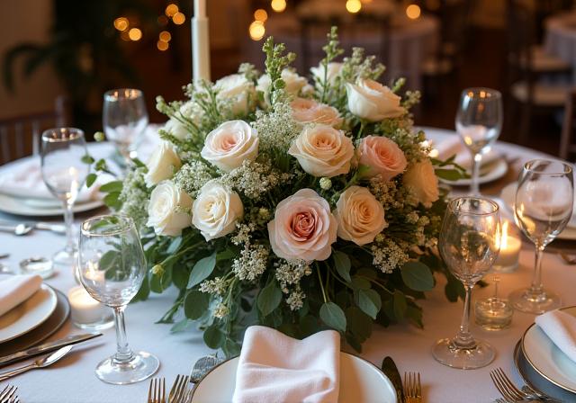 Centre de table bas et étalé pour un mariage.