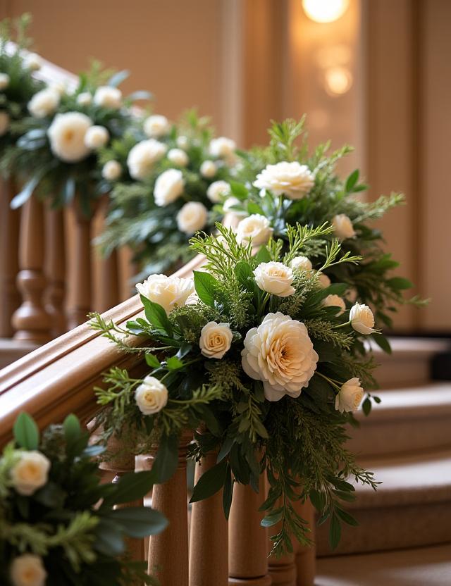 Guirlande de fleurs décorant une rampe d'escalier.