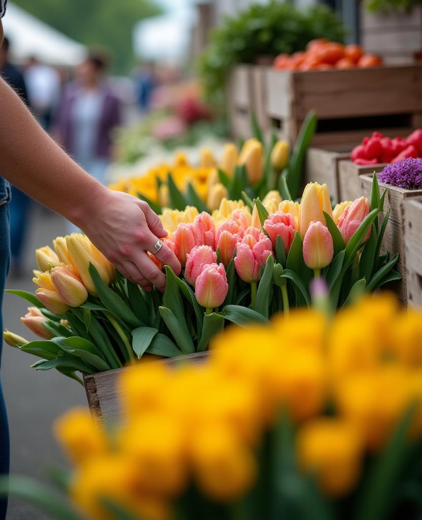 Main d'un fleuriste sélectionnant des fleurs fraîches sur un étal de marché local.
