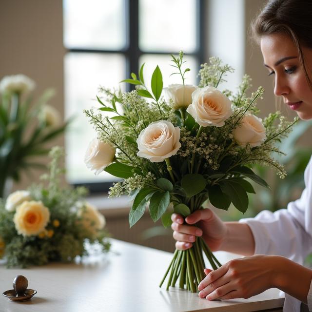 Un fleuriste arrangeant un bouquet personnalisé.