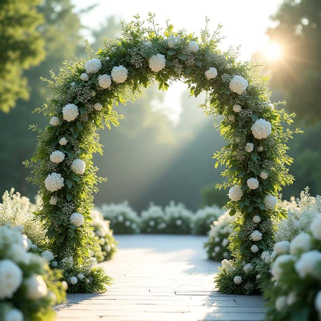 Une arche de mariage décorée de fleurs blanches et de verdure.