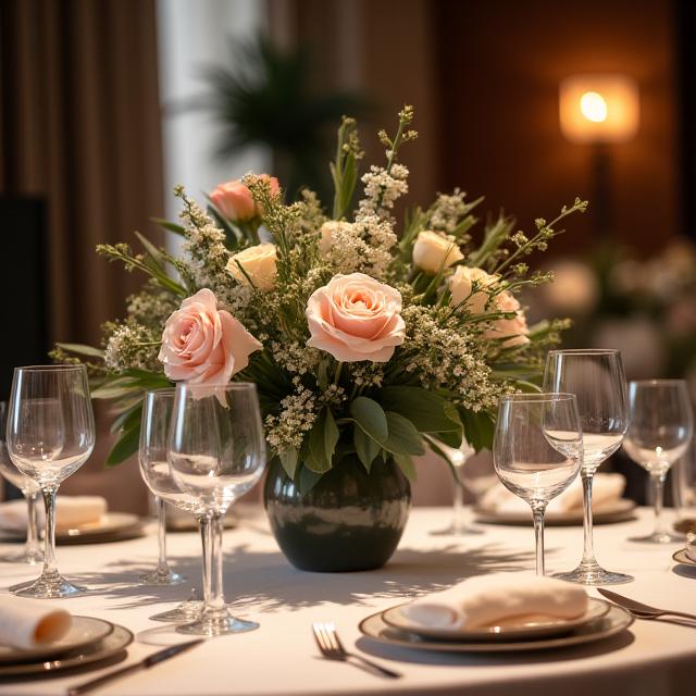 Centre de table floral pour un dîner d'entreprise.