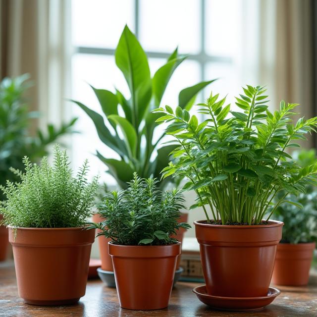 Une collection de plantes d'intérieur variées dans des pots en terre cuite.